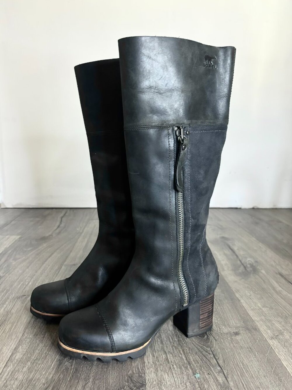 SOREL Addington Tall Waterproof Boots in black, side zip, womens size 8